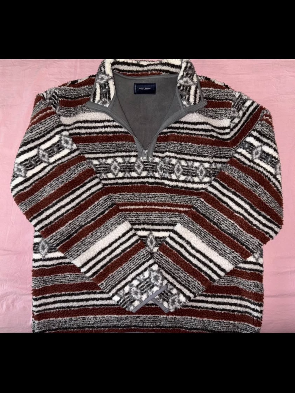 Lucky Brand Men's Quarter-Zip Sherpa Pullover Sweater - Brown & Gray Stripe
